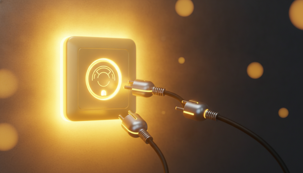 Cinematic illustration: a glowing yellow socket as the WordPress AI Client standard interface, with connectors plugging in
