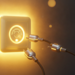 Cinematic illustration: a glowing yellow socket as the WordPress AI Client standard interface, with connectors plugging in
