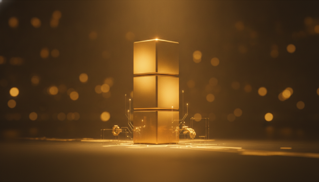 Cinematic illustration: three glowing golden blocks stacked into a tower, the building blocks that make WordPress agentic