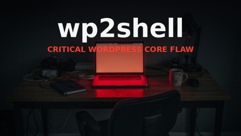 wp2shell: critical WordPress core flaw, dark office with a laptop screen glowing red