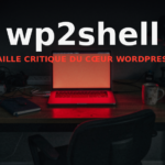 wp2shell : faille critique du cœur WordPress, bureau sombre avec un écran d ordinateur qui rougeoie
