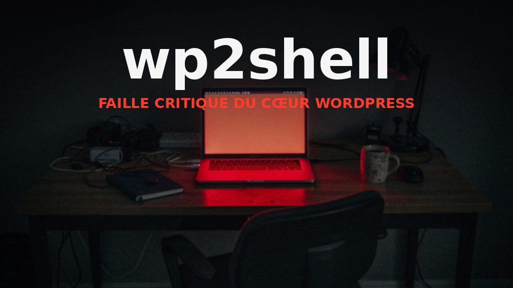 wp2shell : faille critique du cœur WordPress, bureau sombre avec un écran d ordinateur qui rougeoie
