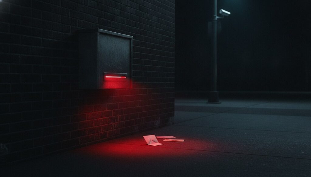A dark night-deposit drop box on a brick wall glowing with an alarming red light from inside, envelopes scattered on the ground beneath it