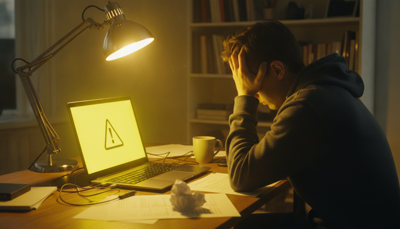 Personne assise a un bureau, tete dans les mains, face a un ecran affichant un symbole davertissement