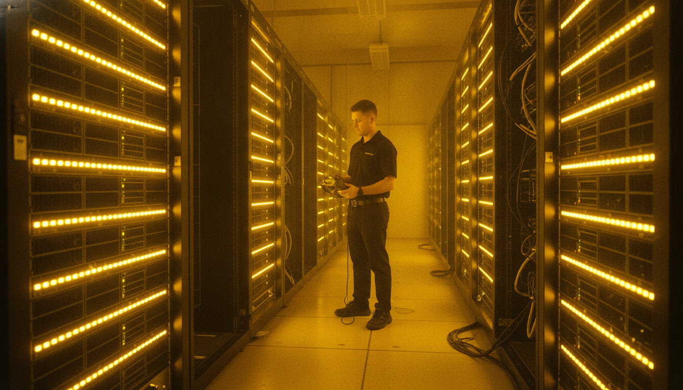 Technicien inspectant une baie de serveurs dans un datacenter