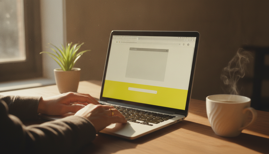 Hands typing on a laptop keyboard in a warm home office, the screen showing a soft banner shape at the bottom of a webpage