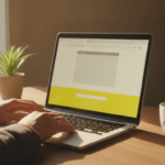 Hands typing on a laptop keyboard in a warm home office, the screen showing a soft banner shape at the bottom of a webpage