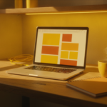 Bureau editorial avec un ordinateur portable affichant des blocs colores, symbole de la construction dun site WordPress