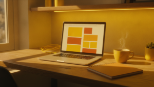 Bureau editorial avec un ordinateur portable affichant des blocs colores, symbole de la construction dun site WordPress