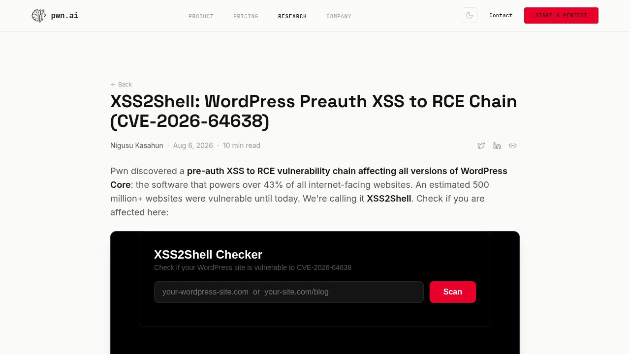 The pwn.ai technical write-up disclosing the XSS2Shell exploit chain (CVE-2026-64638)