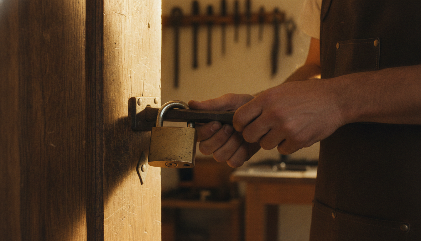 Gros plan sur des mains verrouillant un cadenas en laiton sur une porte en bois, metaphore de la securisation dun site