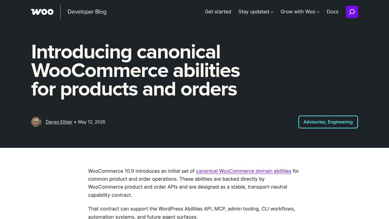 WooCommerce Developer Blog post announcing canonical Abilities API support in WooCommerce 10.9