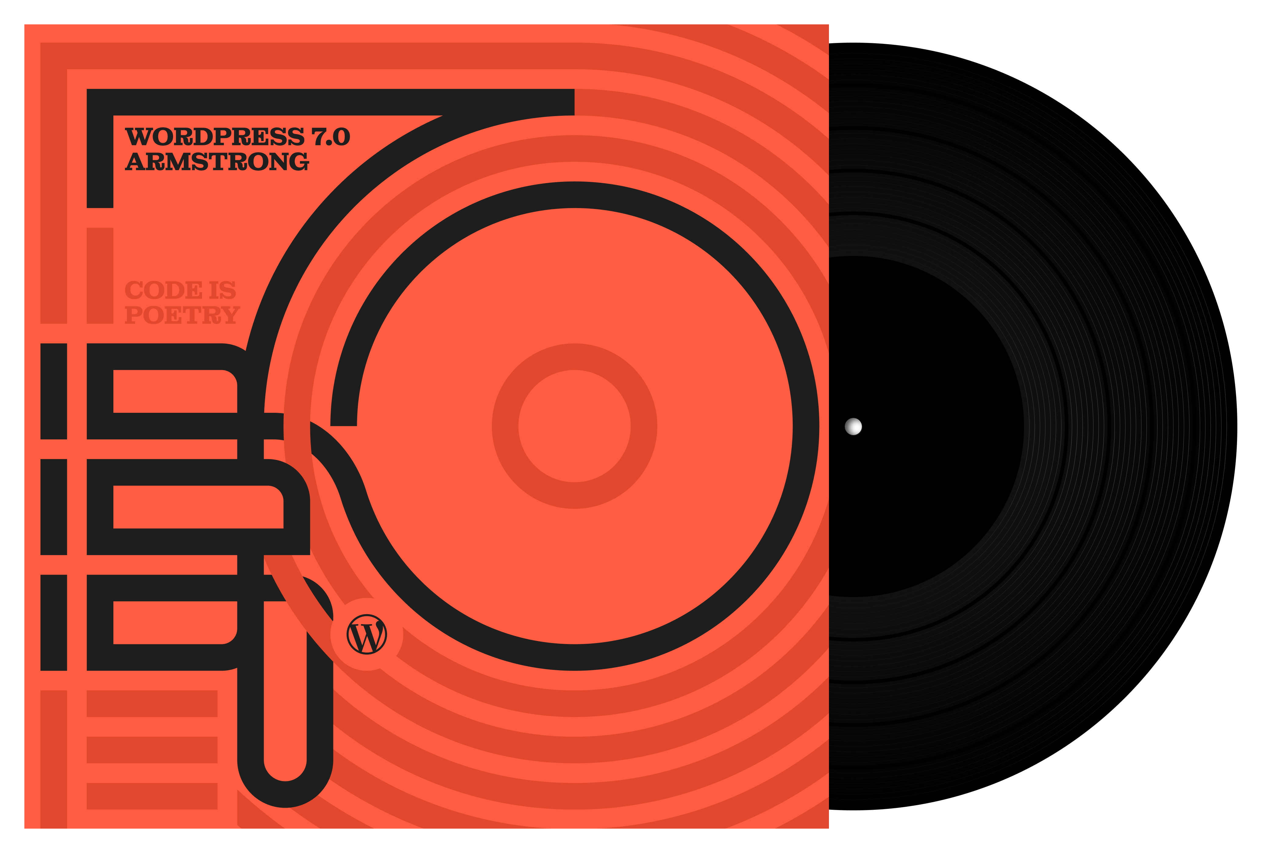 Illustration en forme de pochette de vinyle pour la version WordPress 7.0 Armstrong