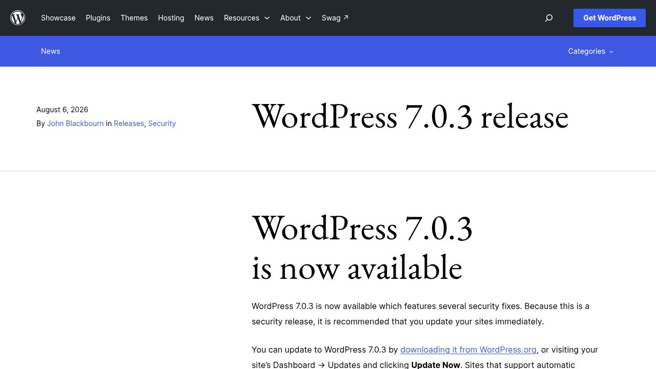 WordPress.org official announcement of the WordPress 7.0.3 security release, published August 6, 2026