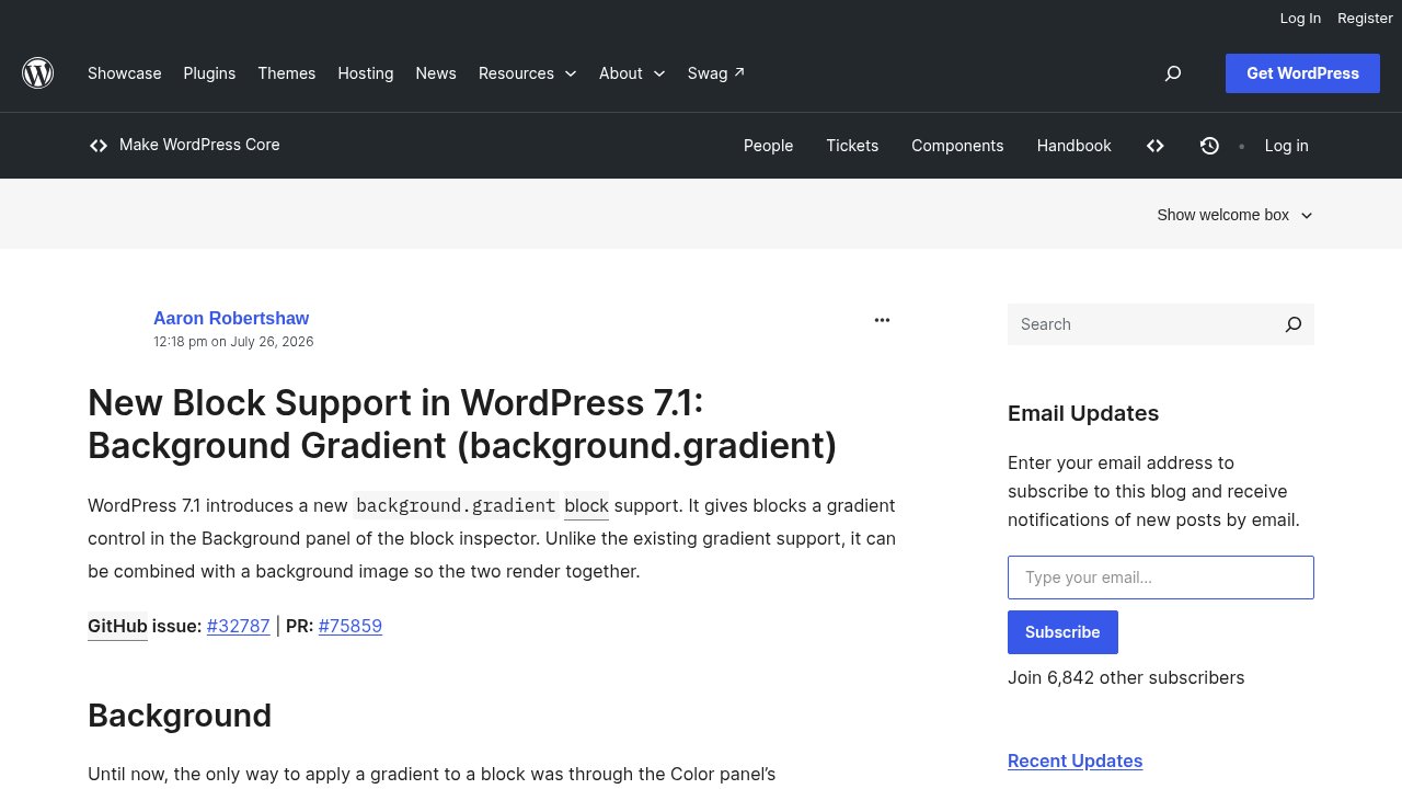Make WordPress Core dev note announcing the new background gradient block support in WordPress 7.1