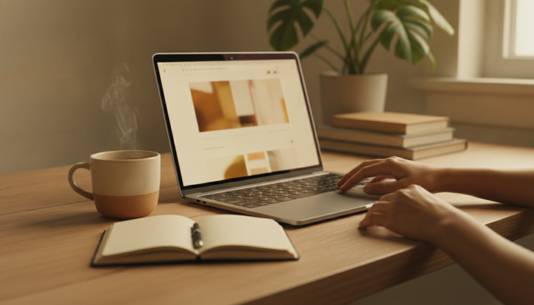 Hands typing on a laptop keyboard on a wooden desk in warm morning light, a coffee mug and open notebook nearby, the screen glowing with soft out-of-focus colour