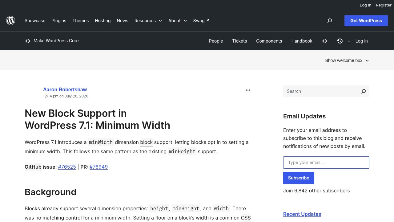 Make WordPress Core dev note announcing the new minimum width block support in WordPress 7.1