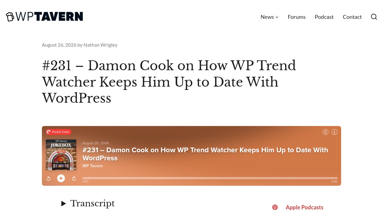 The WP Tavern Jukebox Podcast episode 231 page featuring Damon Cook