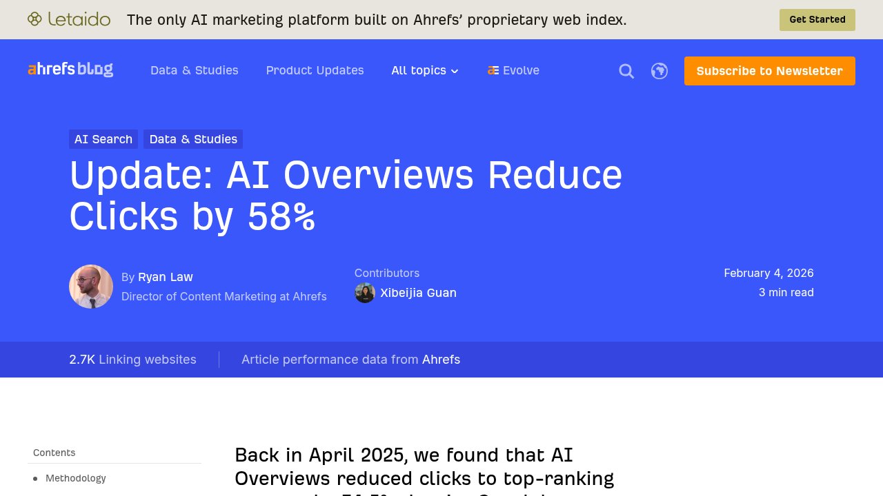 Ahrefs blog post titled 'Update: AI Overviews Reduce Clicks by 58%' by Ryan Law, dated February 4, 2026