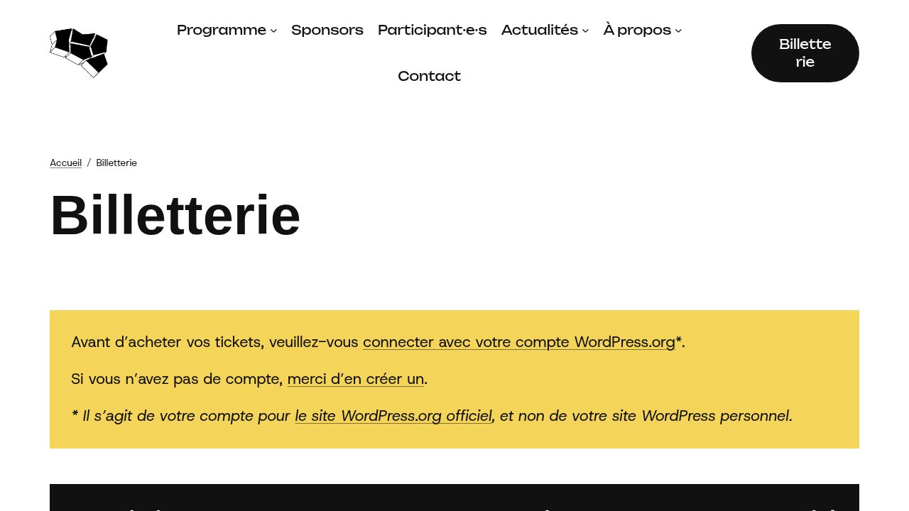 Page billetterie officielle de WordCamp Bretagne 2026 imposant la connexion à un compte WordPress.org