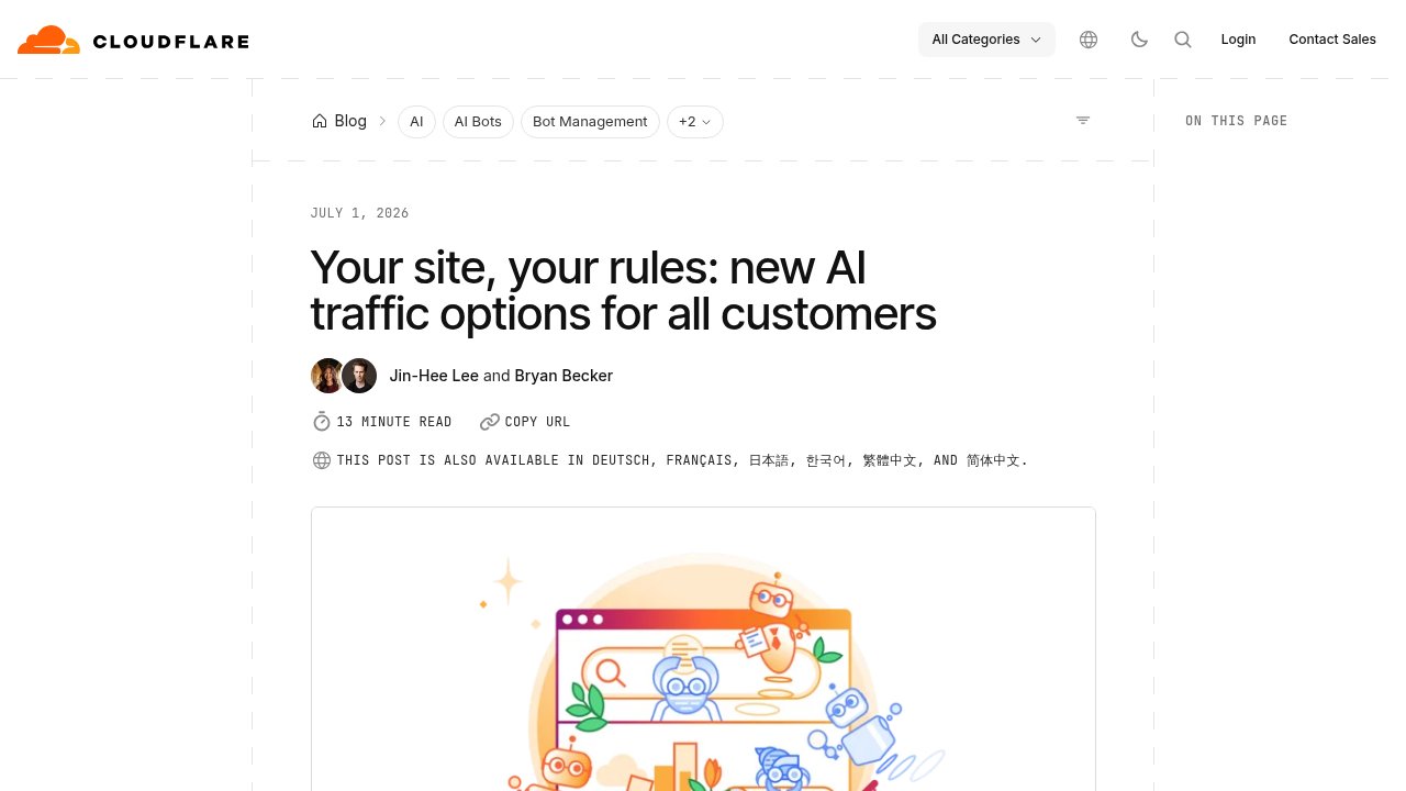 Cloudflare blog announcement: Your site, your rules, new AI traffic options for all customers