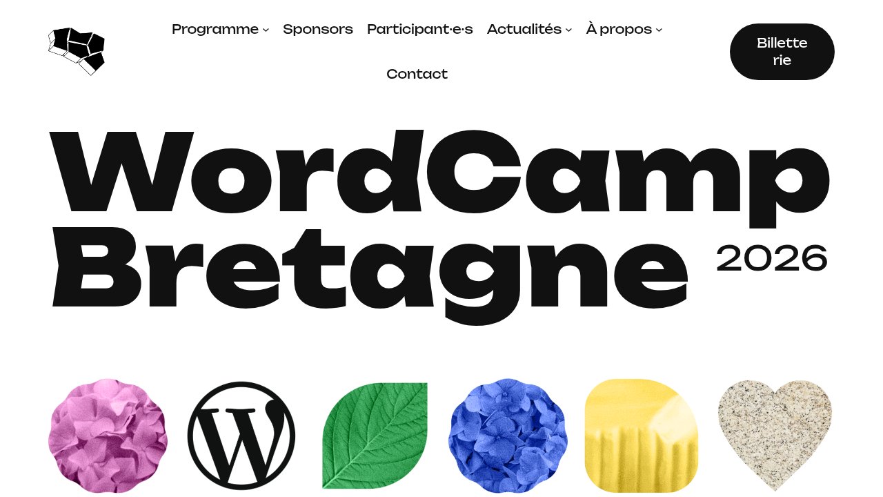 Page d'accueil officielle de WordCamp Bretagne 2026 avec son identité graphique et son menu de navigation