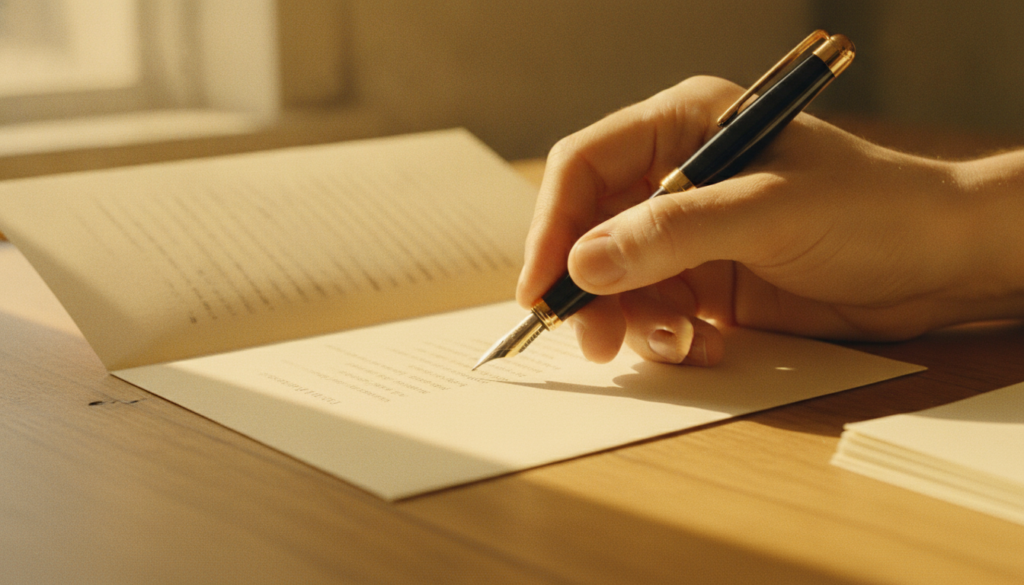 Close-up of a hand holding a fountain pen over a blurred printed letter on a wooden desk, warm light