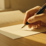 Close-up of a hand holding a fountain pen over a blurred printed letter on a wooden desk, warm light