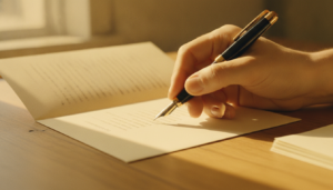 Close-up of a hand holding a fountain pen over a blurred printed letter on a wooden desk, warm light