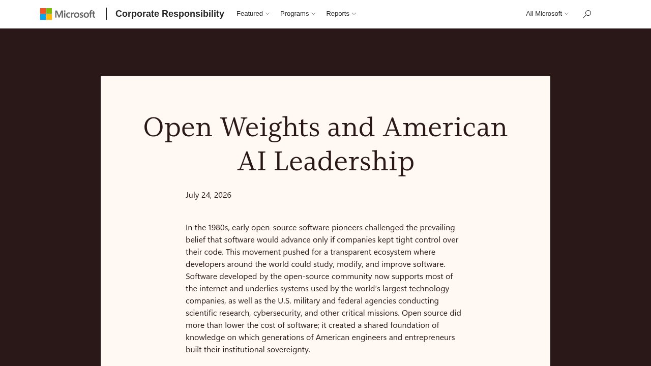 The Open Weights and American AI Leadership letter page hosted on microsoft.com, listing signatory organizations