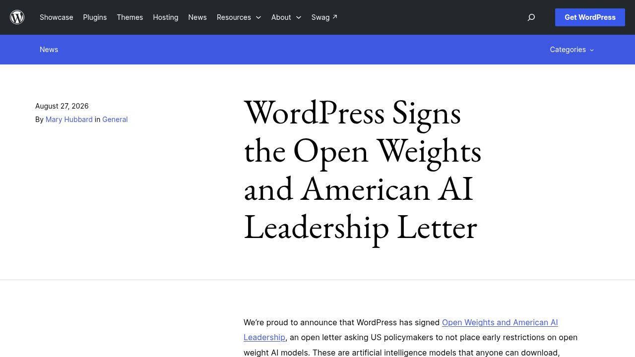 WordPress.org News announcement, August 27, 2026, on WordPress signing the Open Weights and American AI Leadership letter