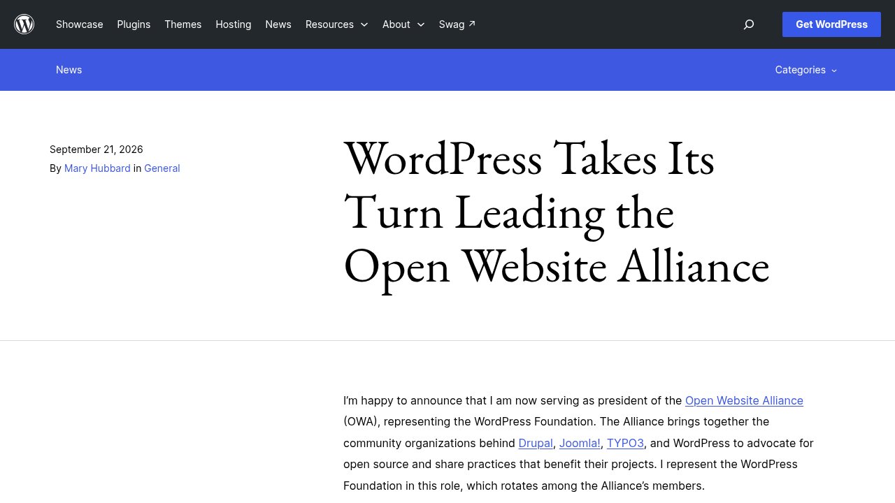 WordPress.org News announcement, September 21, 2026, on Mary Hubbard becoming president of the Open Website Alliance