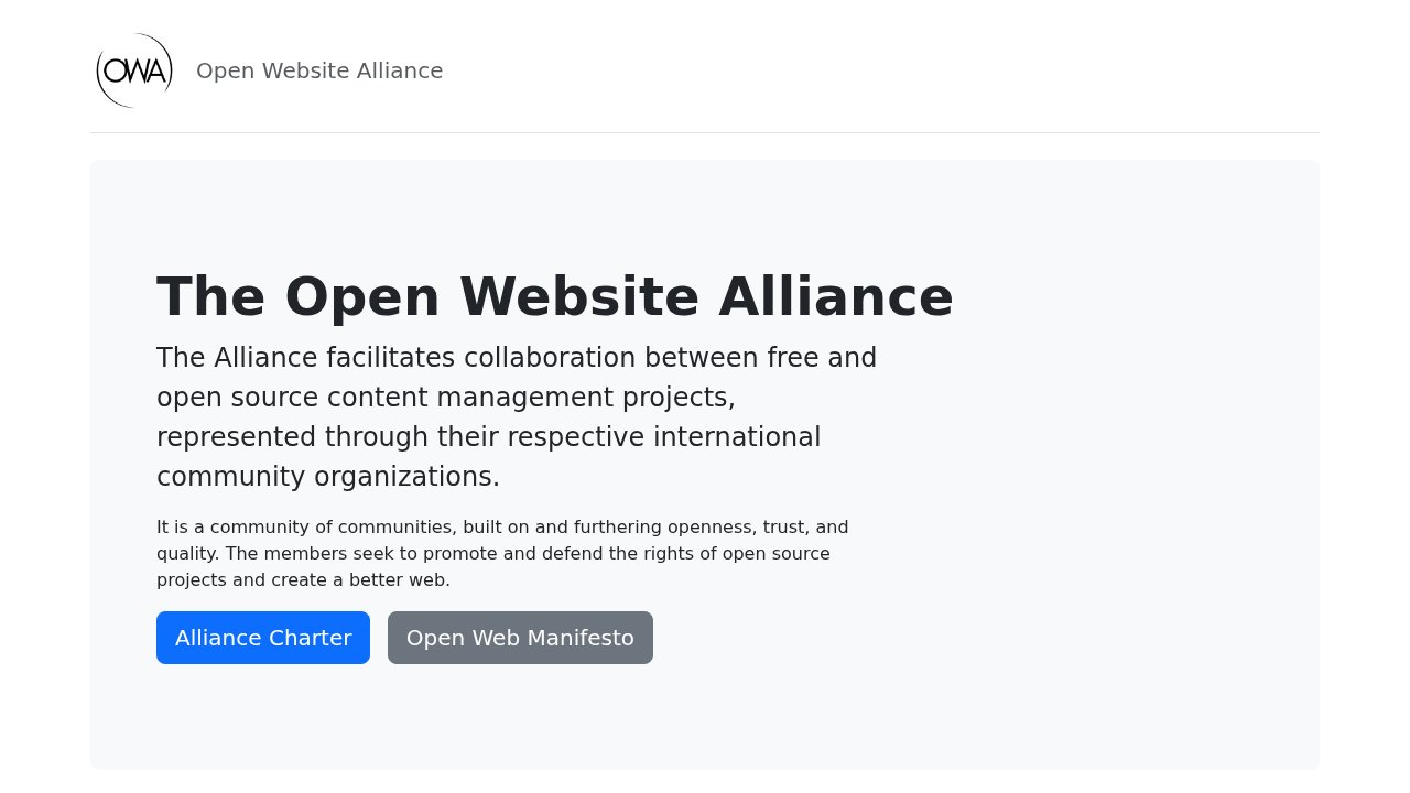 The Open Website Alliance official website, listing its member organizations and charter