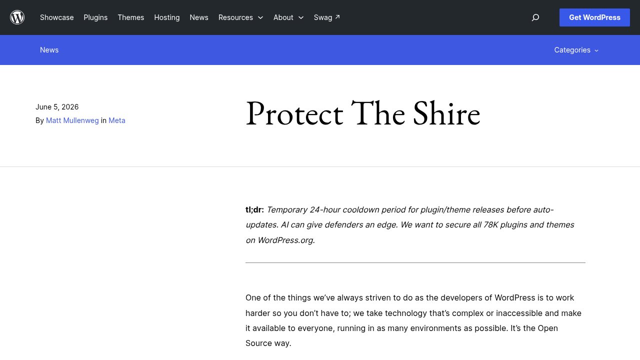 WordPress.org official announcement page for the Protect the Shire initiative