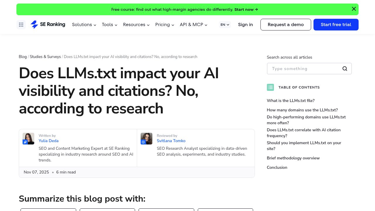 SE Ranking study of 300,000 domains finding no correlation between llms.txt and AI citations