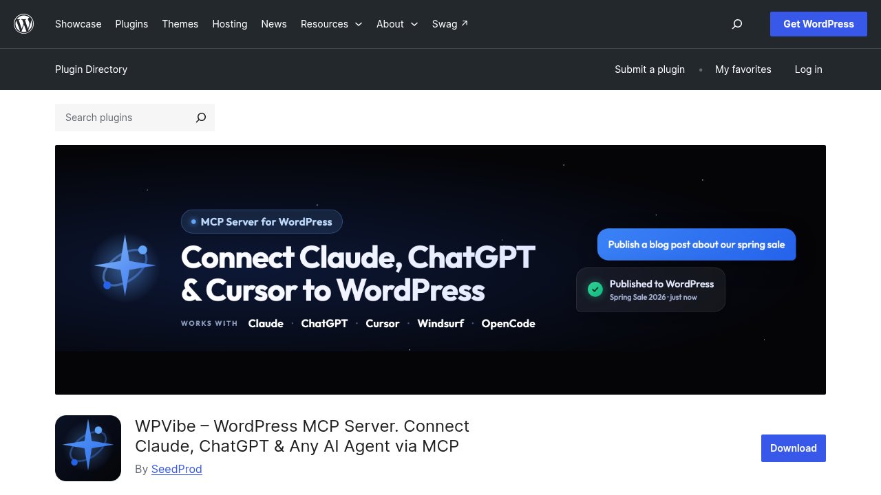 The official WPVibe plugin listing on WordPress.org, showing active installations and rating