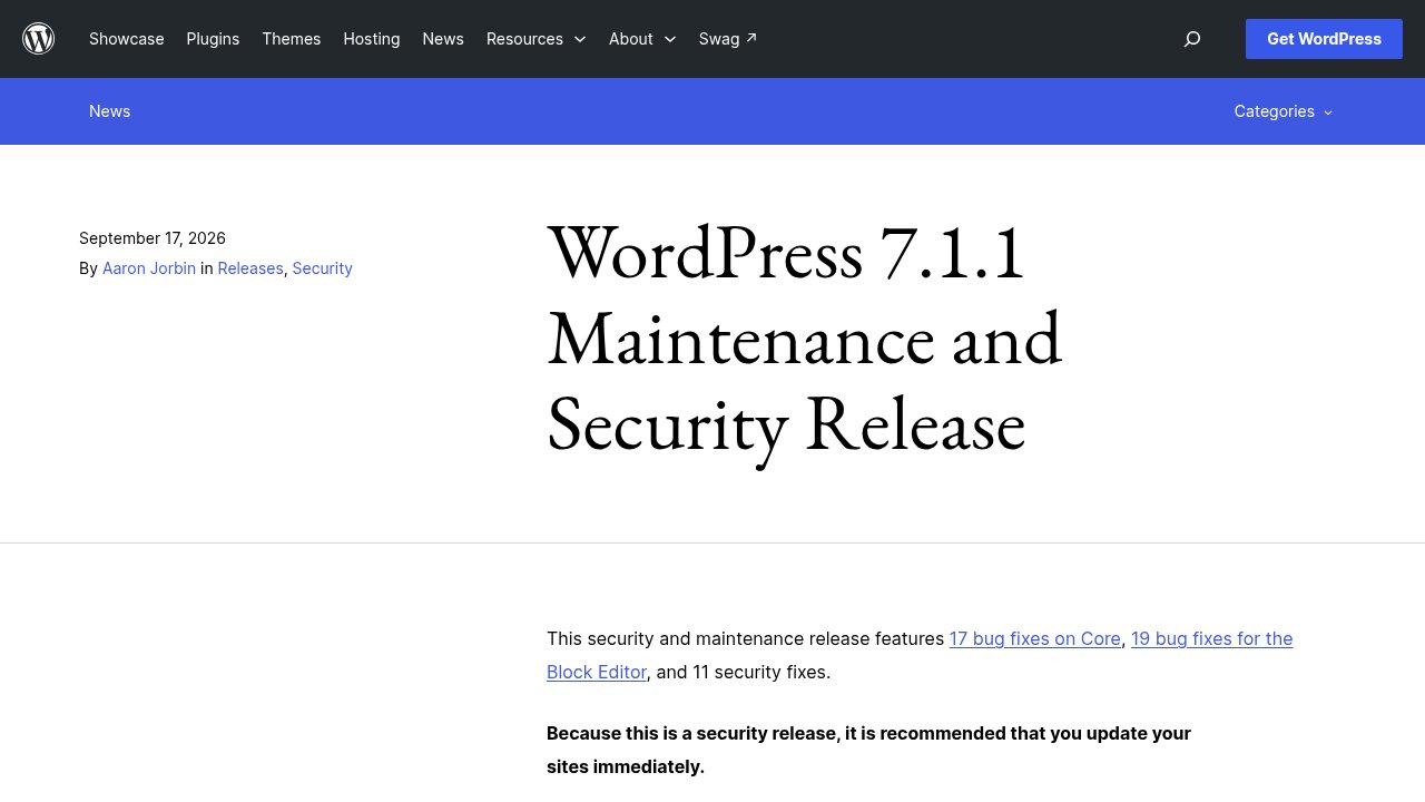 WordPress.org official announcement of the WordPress 7.1.1 maintenance and security release