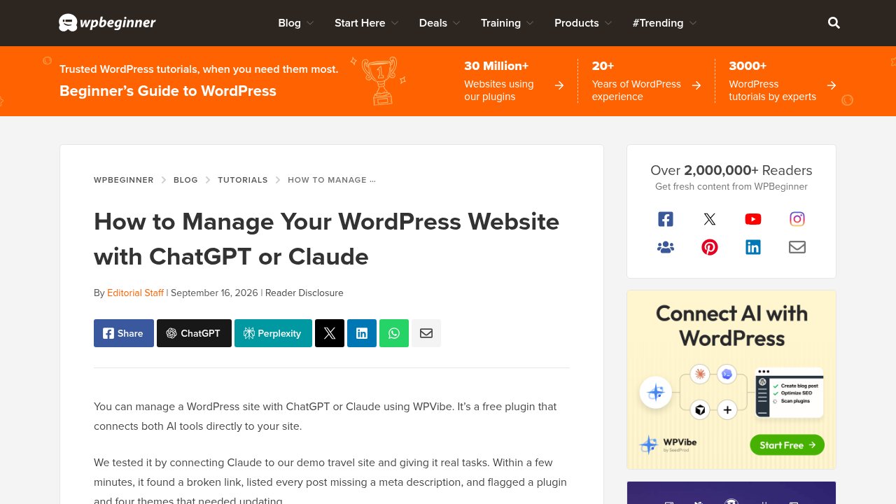 The WPBeginner tutorial explaining how to manage a WordPress site with ChatGPT or Claude using WPVibe