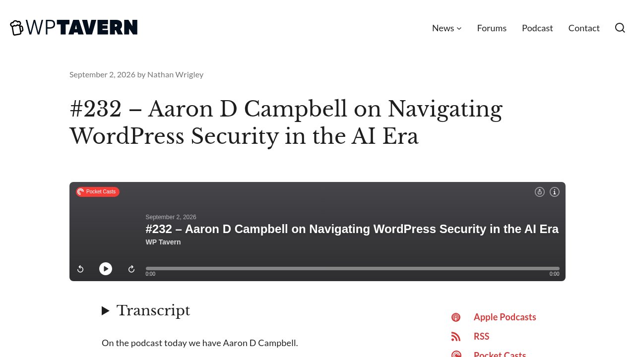 WP Tavern Jukebox podcast page for episode 232 with guest Aaron D Campbell