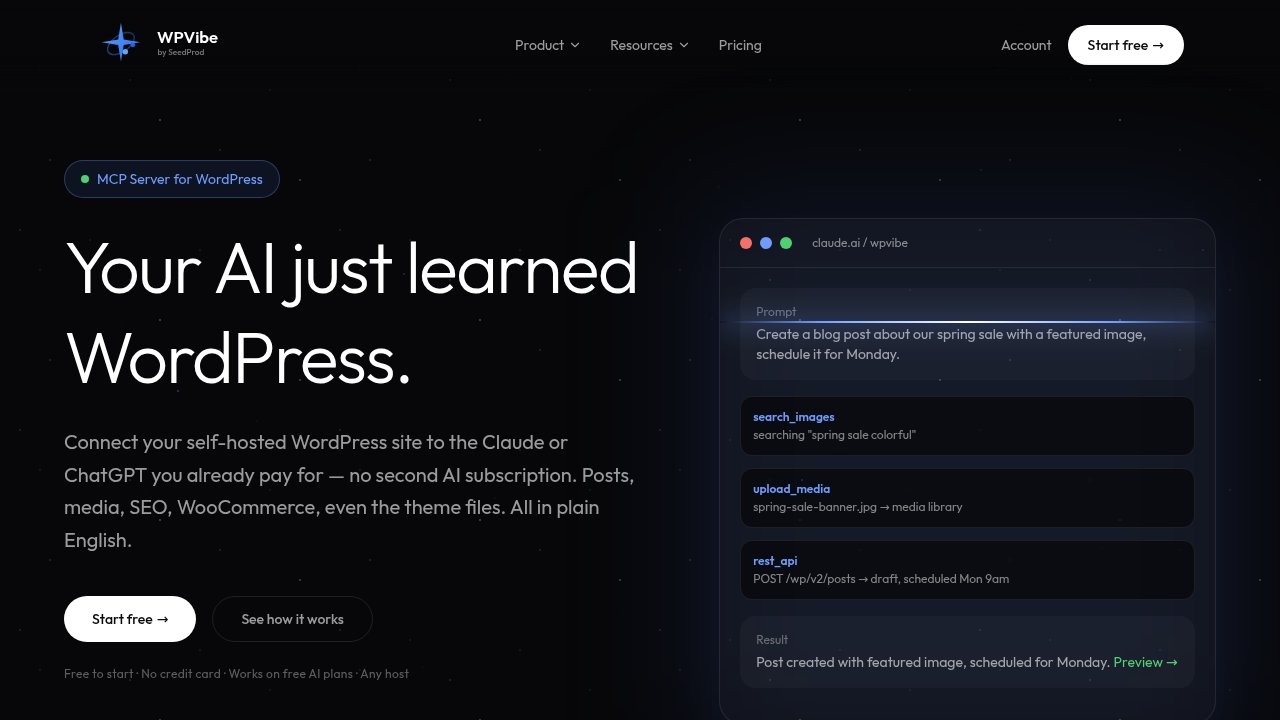 The official WPVibe homepage, the MCP server that connects AI assistants to WordPress sites