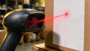 A handheld barcode scanner aiming its red laser at a plain shipping label with no barcode printed on it, in a warehouse