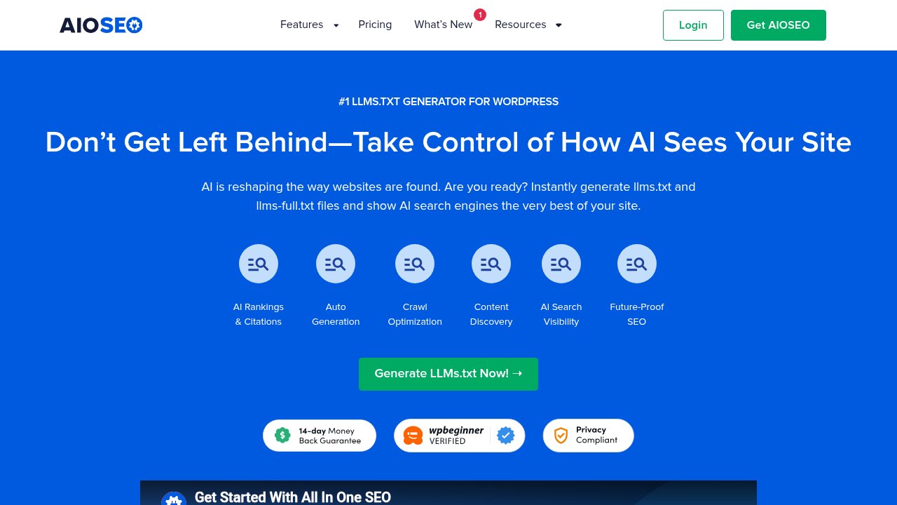 All in One SEO's official llms.txt Generator feature page