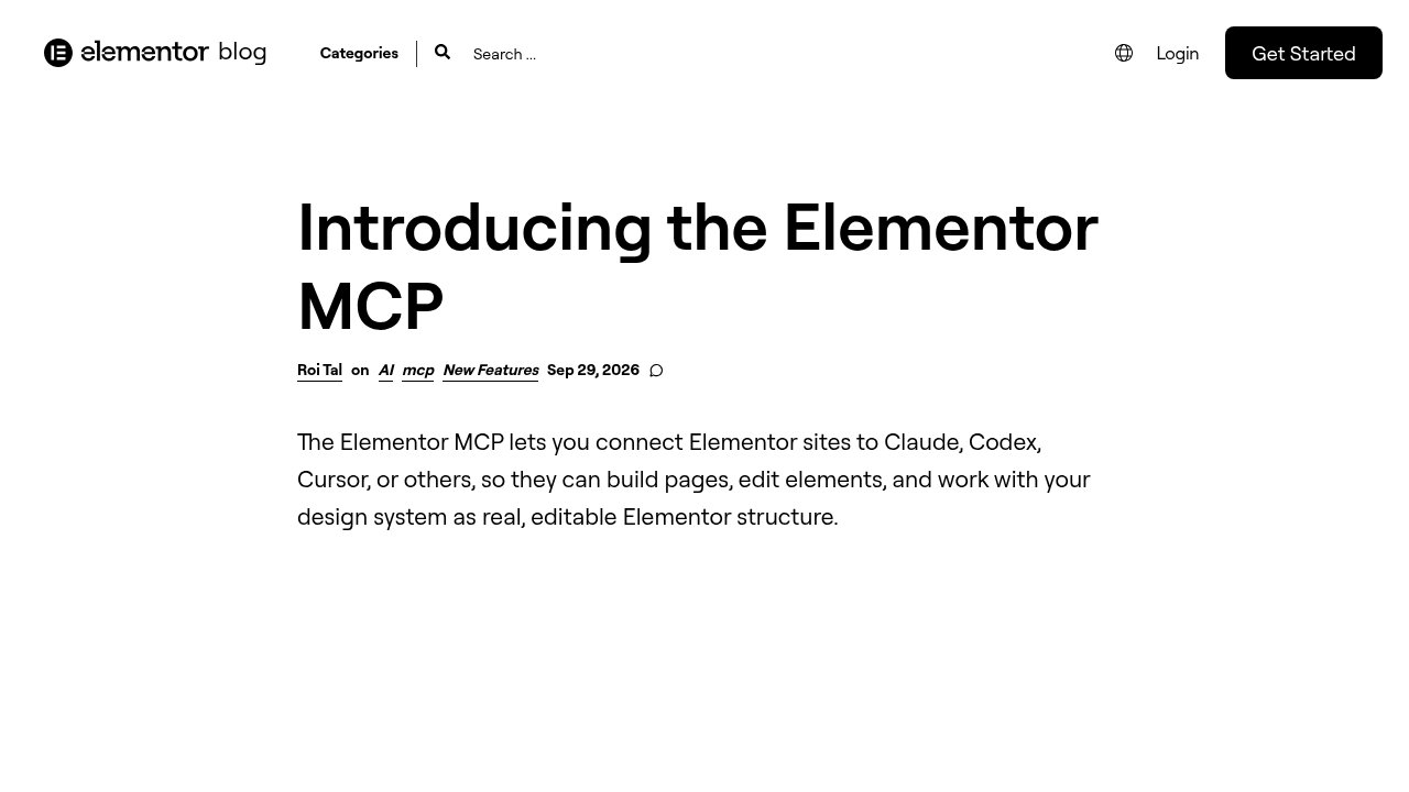 Official Elementor blog post announcing the Elementor MCP launch