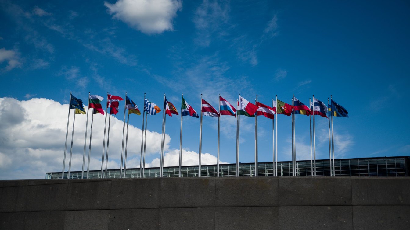 Row of national flags flying against a blue sky, symbolizing multiple languages and markets