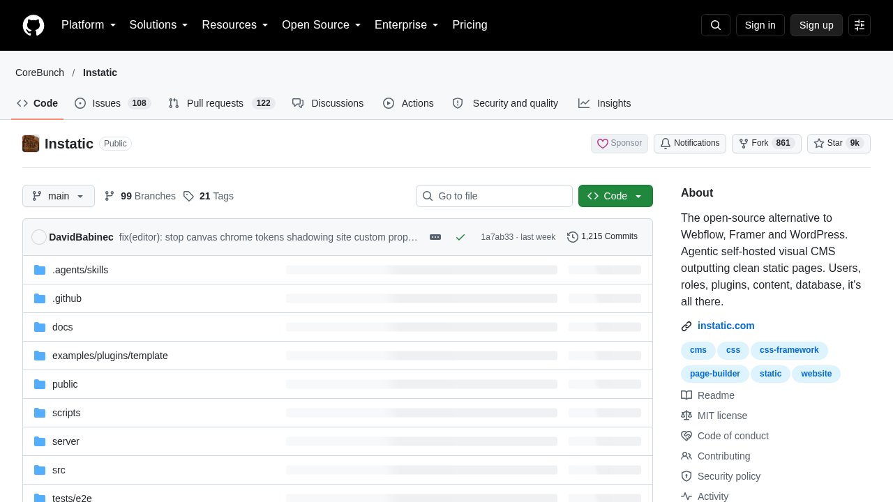 CoreBunch's official Instatic GitHub repository page
