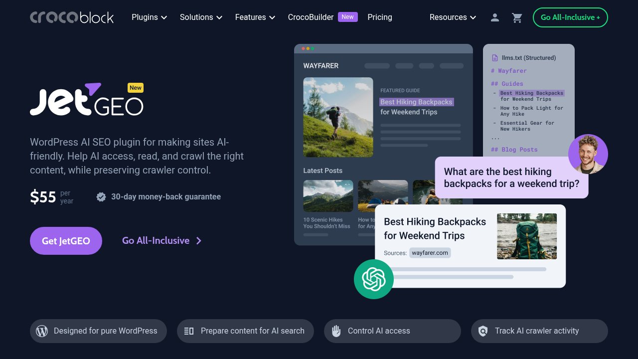 Crocoblock's official JetGEO product page, listing llms.txt generation, AI crawler access control, Markdown output, and crawler monitoring