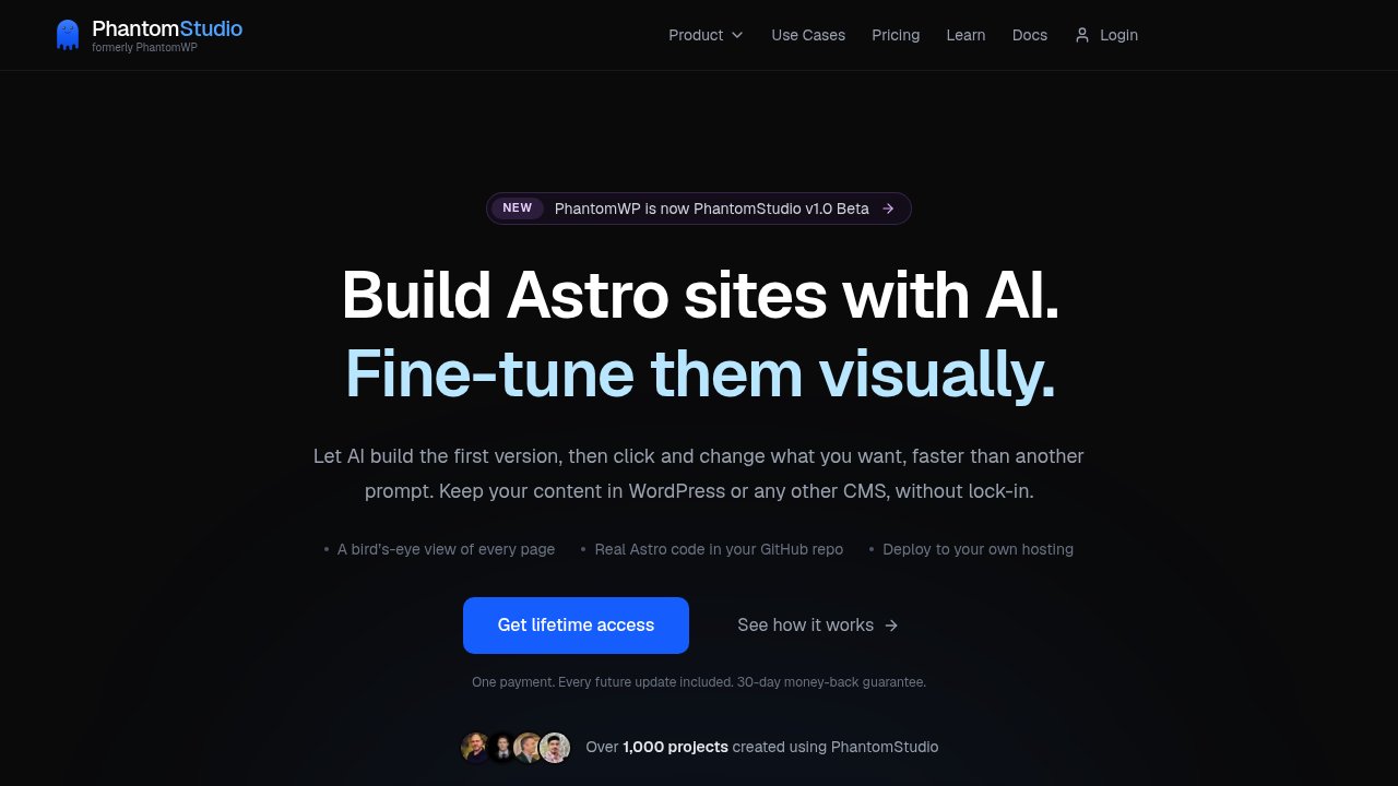 PhantomWP's official homepage showing the PhantomStudio rebrand banner