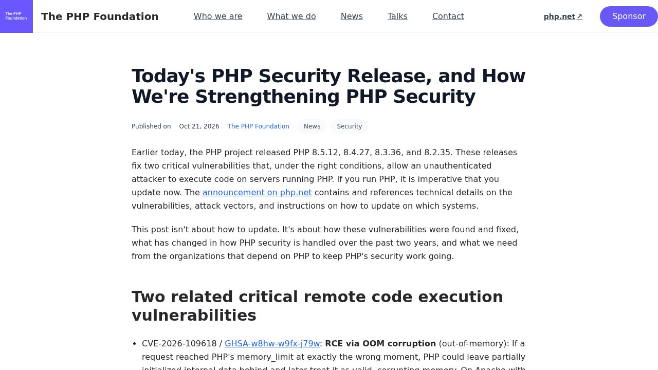 The PHP Foundation's official blog post announcing the October 21, 2026 critical security release, listing CVE-2026-109618 and GHSA-w8hw-w9fx-j79w