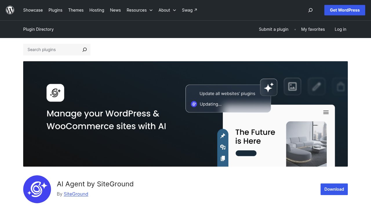 The official WordPress.org listing page for AI Agent by SiteGround, showing the plugin name and its promotional banner