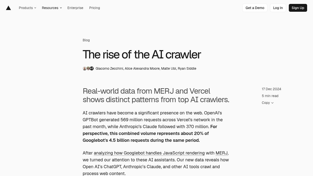 Vercel blog post: The Rise of the AI Crawler, by Vercel and MERJ
